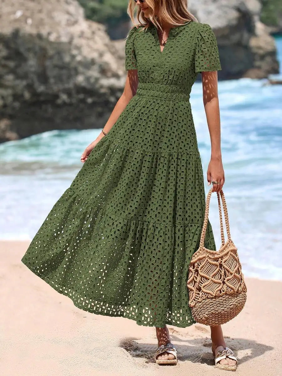 Women's Blue Eyelet Maxi Dress with V-Neck, Short Sleeves, A-Line Flowy Skirt