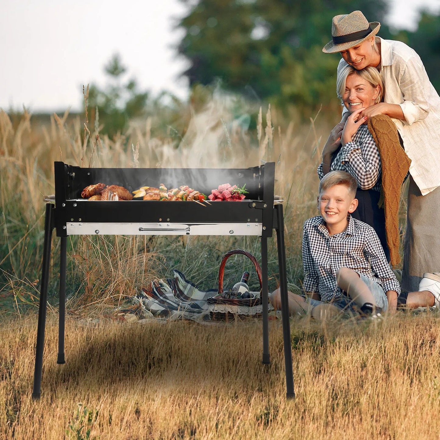 Barbecue Charcoal Grill Stainless Steel Folding Portable BBQ Tool Kits for Outdoor Cooking Camping or Any Outdoor Event