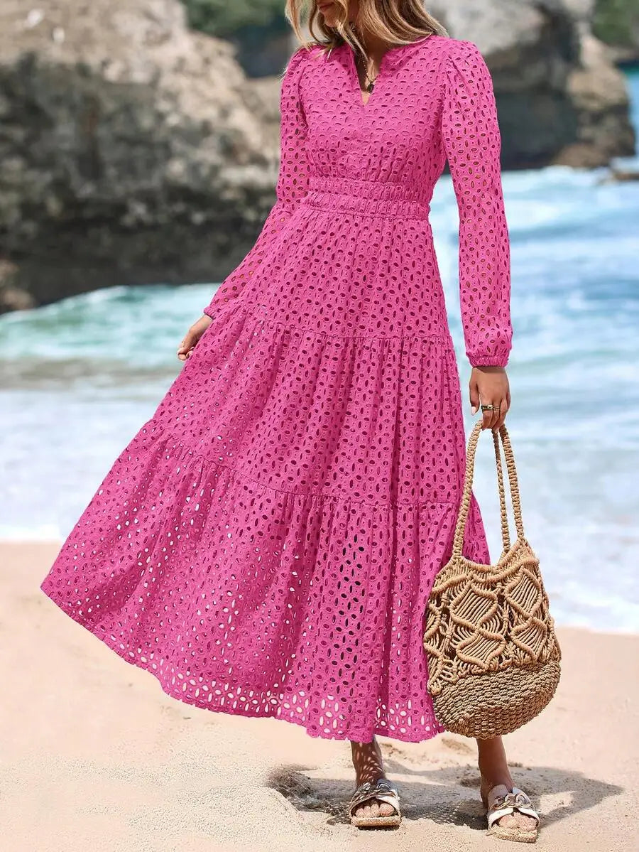 Women's Blue Eyelet Maxi Dress with V-Neck, Short Sleeves, A-Line Flowy Skirt