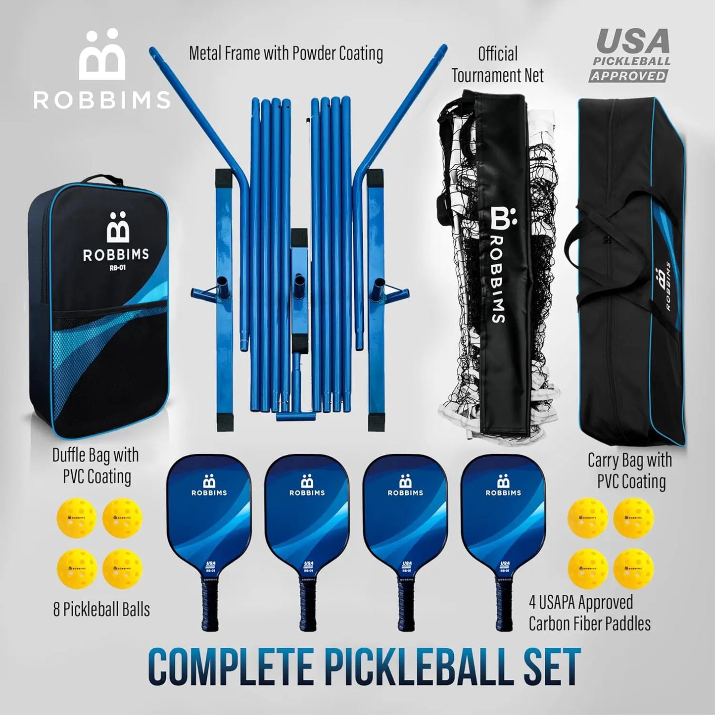 Complete Pickleball Set with Net, 4 Carbon Fiber Paddles, Portable Net System, 8 Balls & Carry Bags