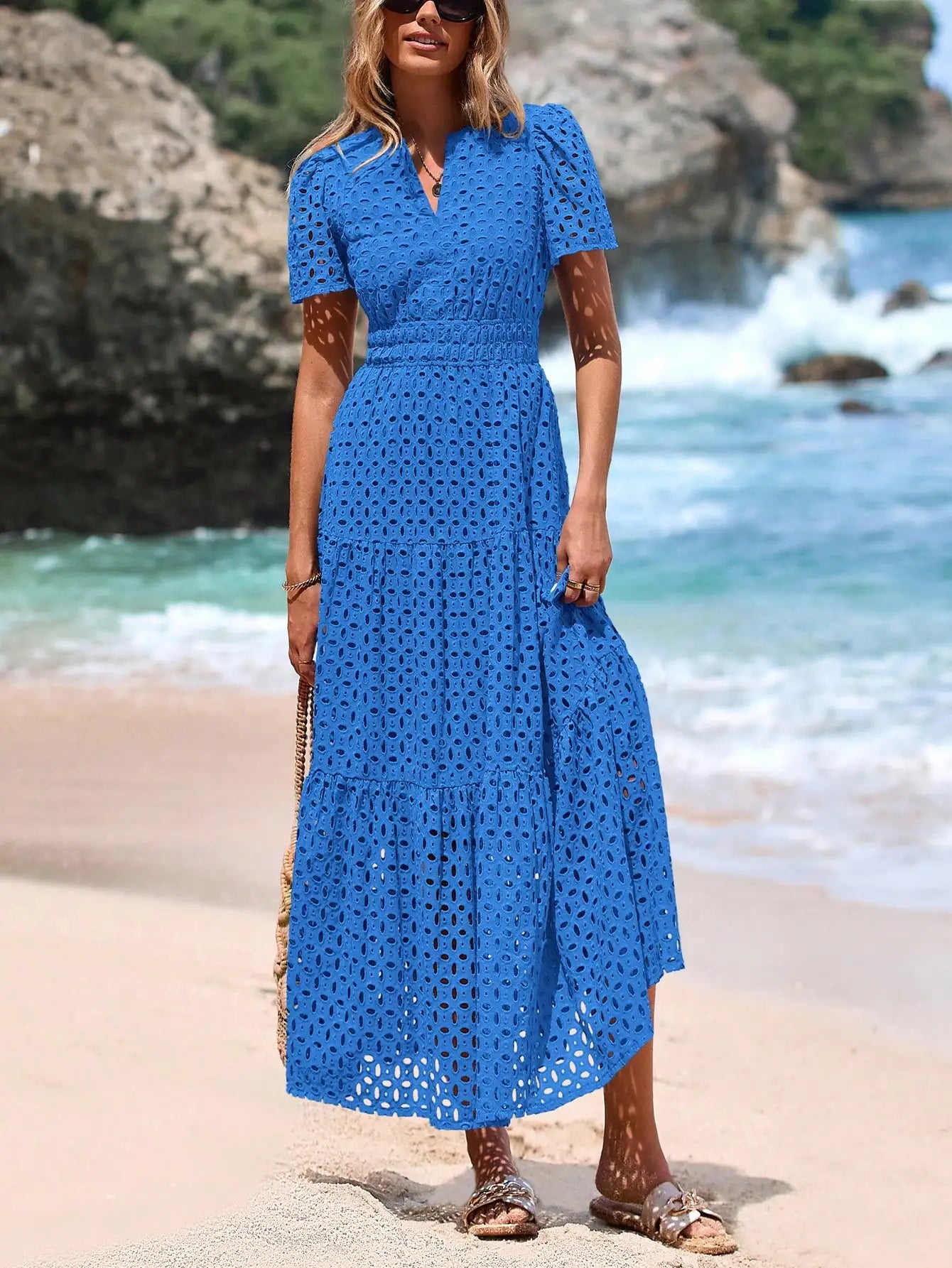 Women's Blue Eyelet Maxi Dress with V-Neck, Short Sleeves, A-Line Flowy Skirt