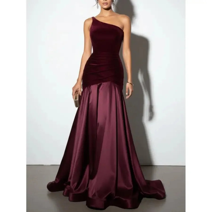 Women's Luxurious -Neck Off-Shoulder Evening Gown - Bodycon A-Line Dress with Rhinestone Side Split Hem Machine Washable Suitab