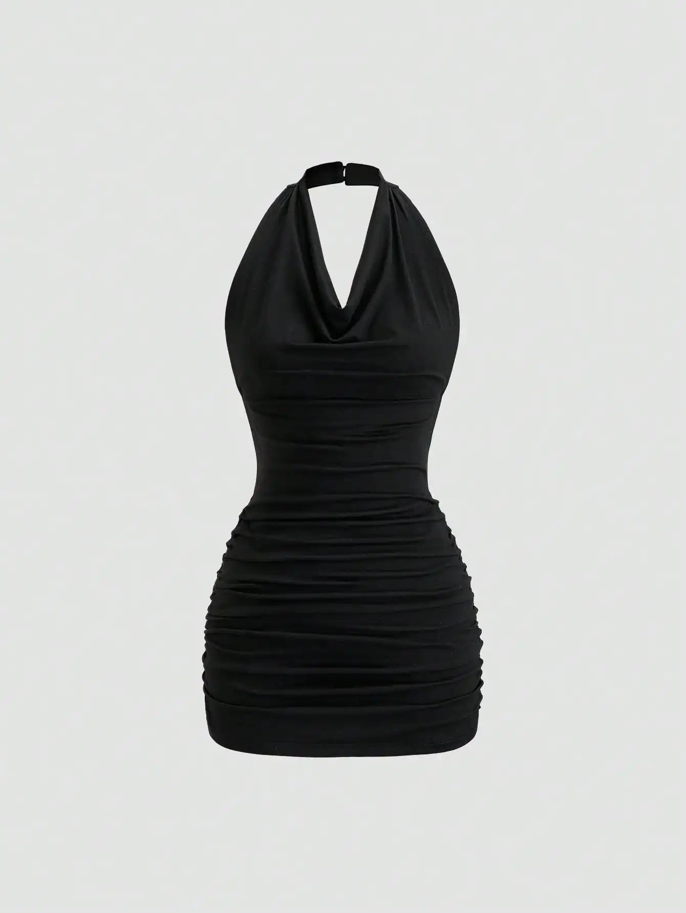 Black Plunging Neck Halter Tie Back Sleeveless Bodycon Mini Dress