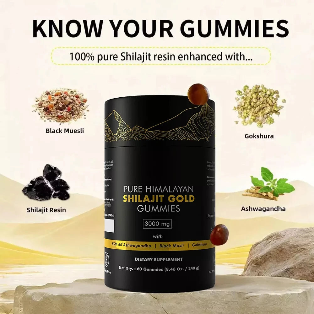 Pure Himalayan Shilajit Gummies, 3000 Mg Gold Grade Shilajit with Ashwagandha, Gokshura for Energy and Immune Support