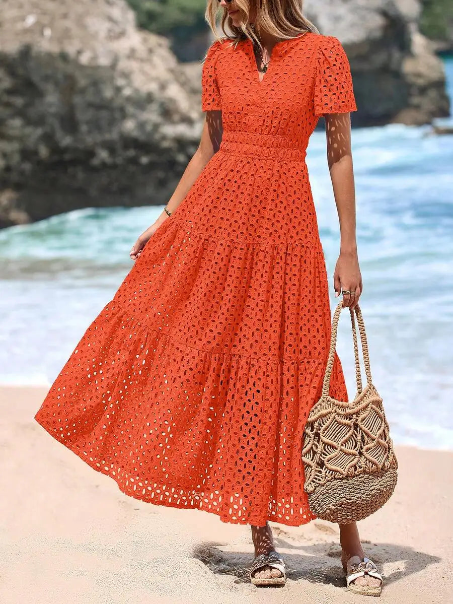 Women's Blue Eyelet Maxi Dress with V-Neck, Short Sleeves, A-Line Flowy Skirt