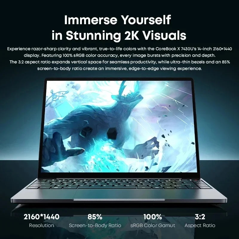 CHUWI CoreBook X Gaming Laptop AMD R5-7430U 16GB DDR4 RAM 512GB SSD 14.1 inch 2K Screen Lightweight Notebook 4.3 GHz Windows 11