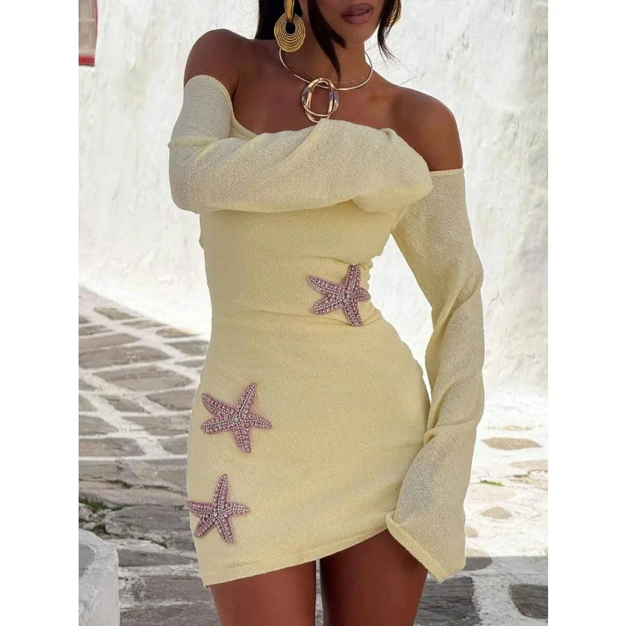 【New style】Women Sequin Starfish Mini Tank Dress Off Shoulder Sleeveless Knitted Bodydon Beach Party Dress Y2K Summer Teen Girl