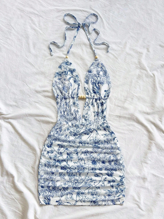 Soleia Women's Vacation Blue & White Floral Print Deep V Neck Tie Strap Backless Ruched Bodycon Mini Dress, Suitable For Party,