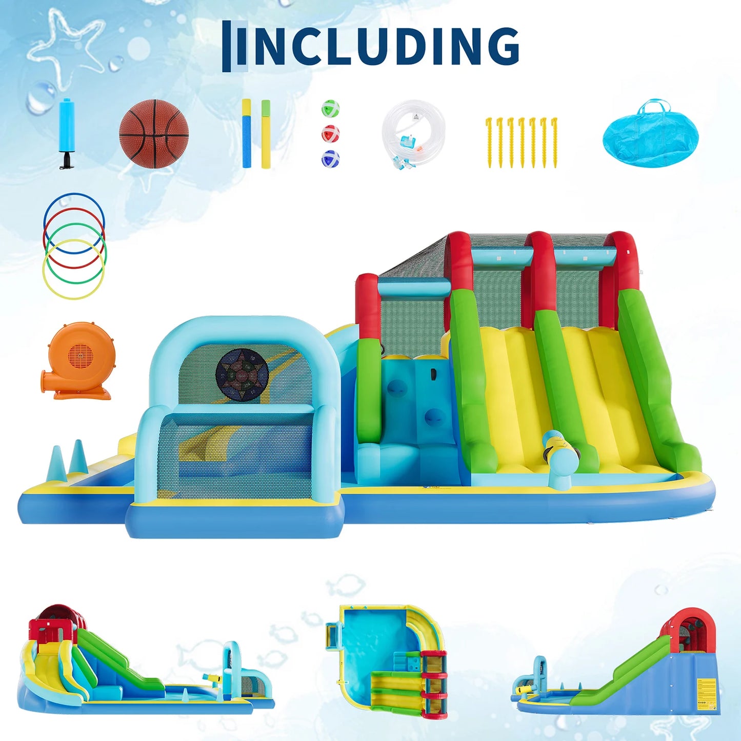 Inflatable Bounce House 3 Water Slides Oxford Fabric Bouncy Castle Kids Play Center with Blower for Indoor Outdoor Backyard Fun