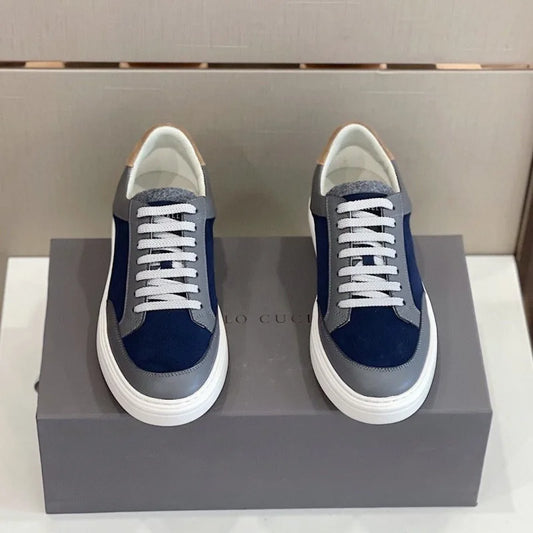 2025 New Luxury Men's Low Top Sneakers Leather Patchwork Minimalist Round Toe Casual Versatile Best Seller Footwear