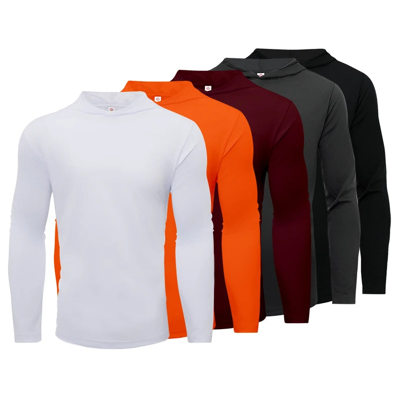 5pcs Men's T-shirt Sports Long Sleeved Shirts Hooded Solid Color Breathable Casual Shirt Suitable for Running And Fitness