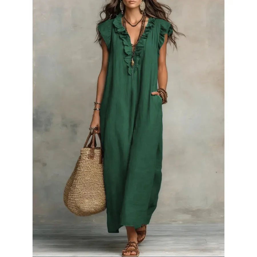 European and American solid color sleeveless v-neck holiday dress women's - 2026 spring and summer pocket ruffled temperament d