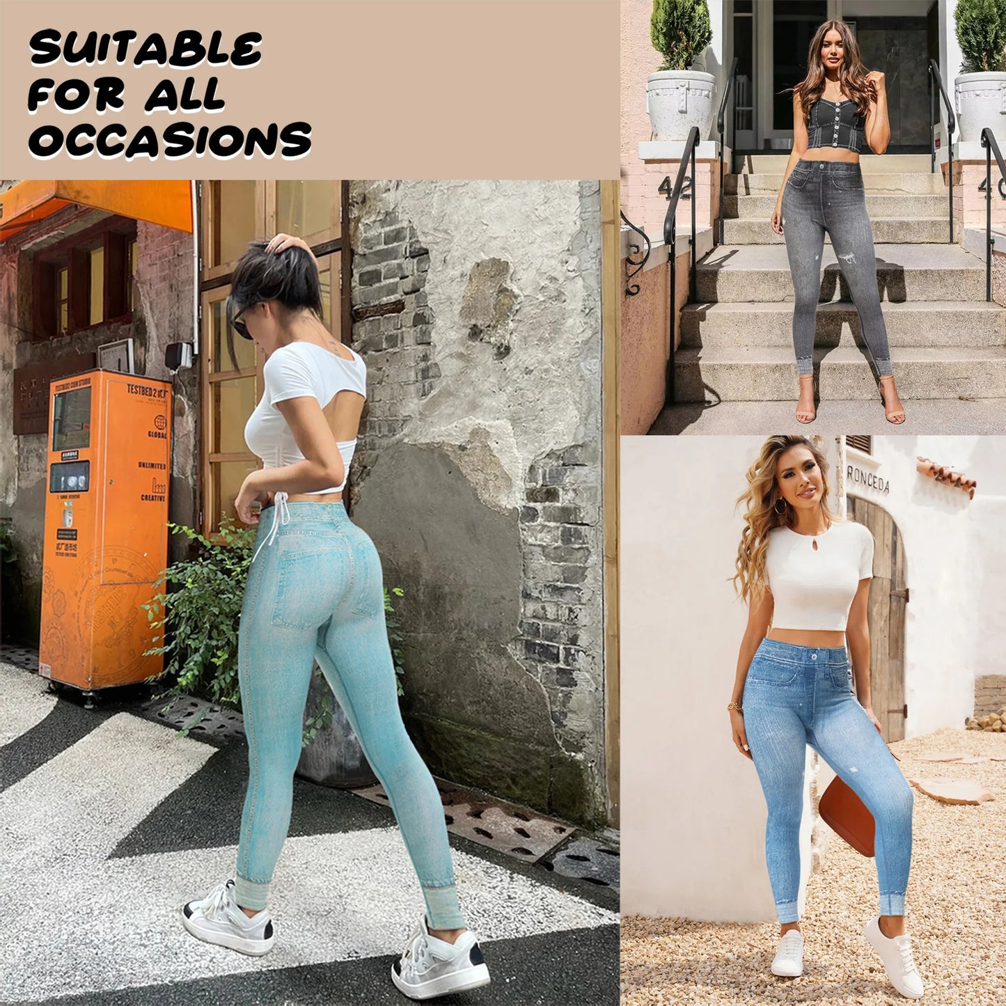 3PCS Women Imitating Denim  High-Waist Legging Flat Fashionable Tight Pants Elastic Fitness And Yoga Pants Sexy Pencil Pants