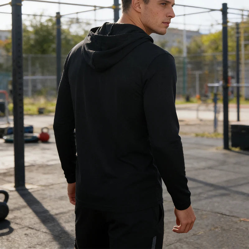 5pcs Men's T-shirt Sports Long Sleeved Shirts Hooded Solid Color Breathable Casual Shirt Suitable for Running And Fitness