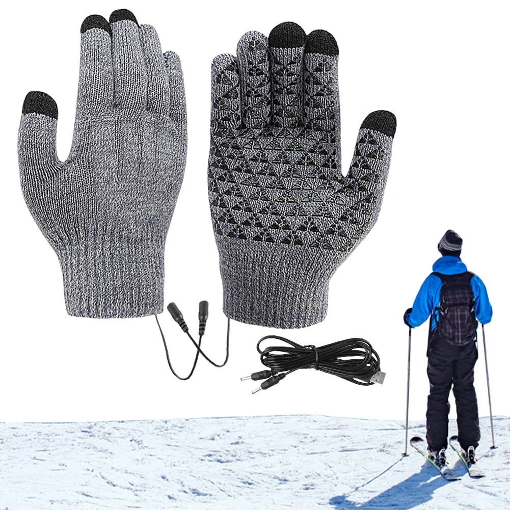 USB Electric Heated Gloves Full Finger Non-Slip Touch Screen Glove Windproof Thicken Thermal Knitting Mitts For Outdoor Cycling