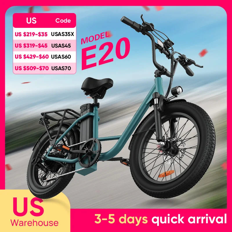 URLIFE 1000W E20 Electric Bike | 48V 13Ah Removable Battery, 20MPH, 20''X3" Fat Tire, 7-Speed E-Bike with Dual Disc Brake