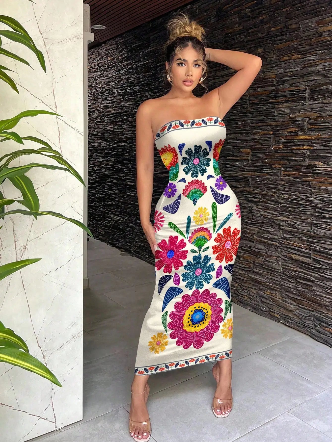 Sexy Retro Bohemian Green Tropical Print Strapless Bodycon Midi Dress For Vacation Beach Resort