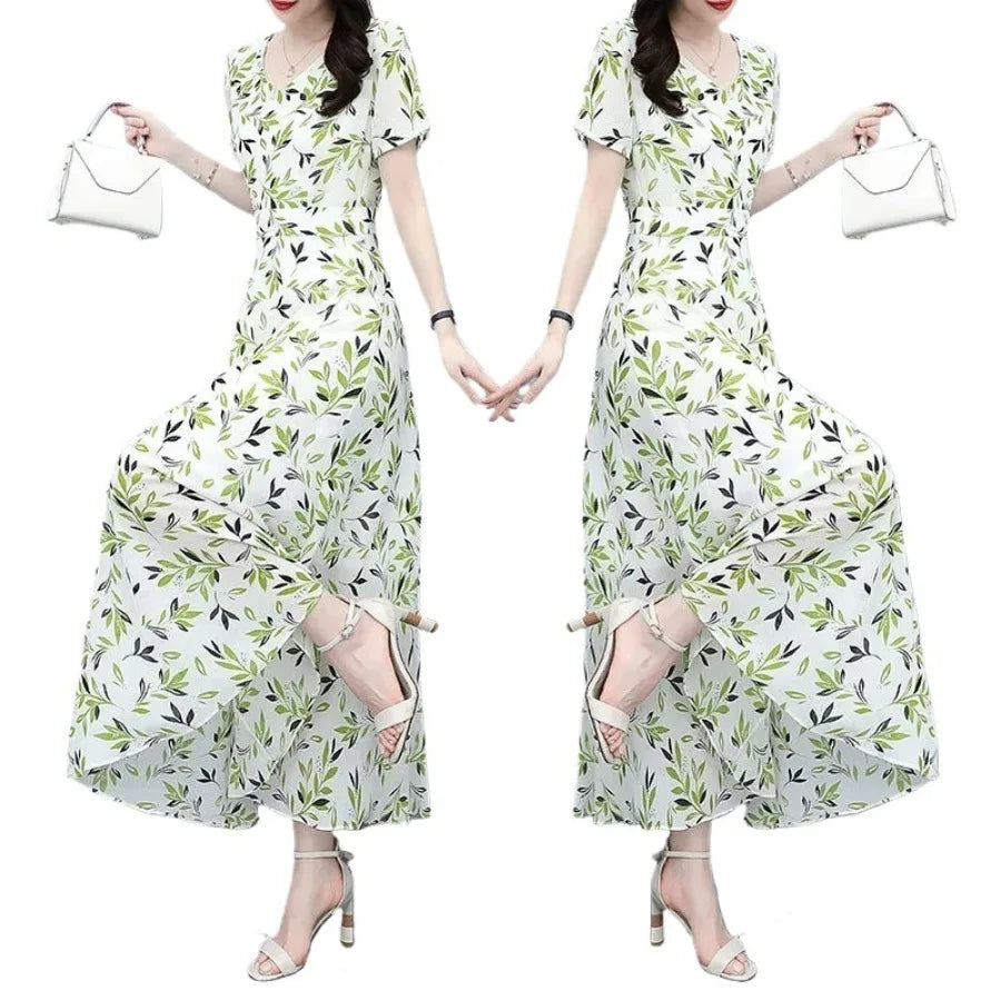 【New style】Summer clothes, new style, medium and long, above the knee, large floral fashion dress, women, waist, slimming, larg