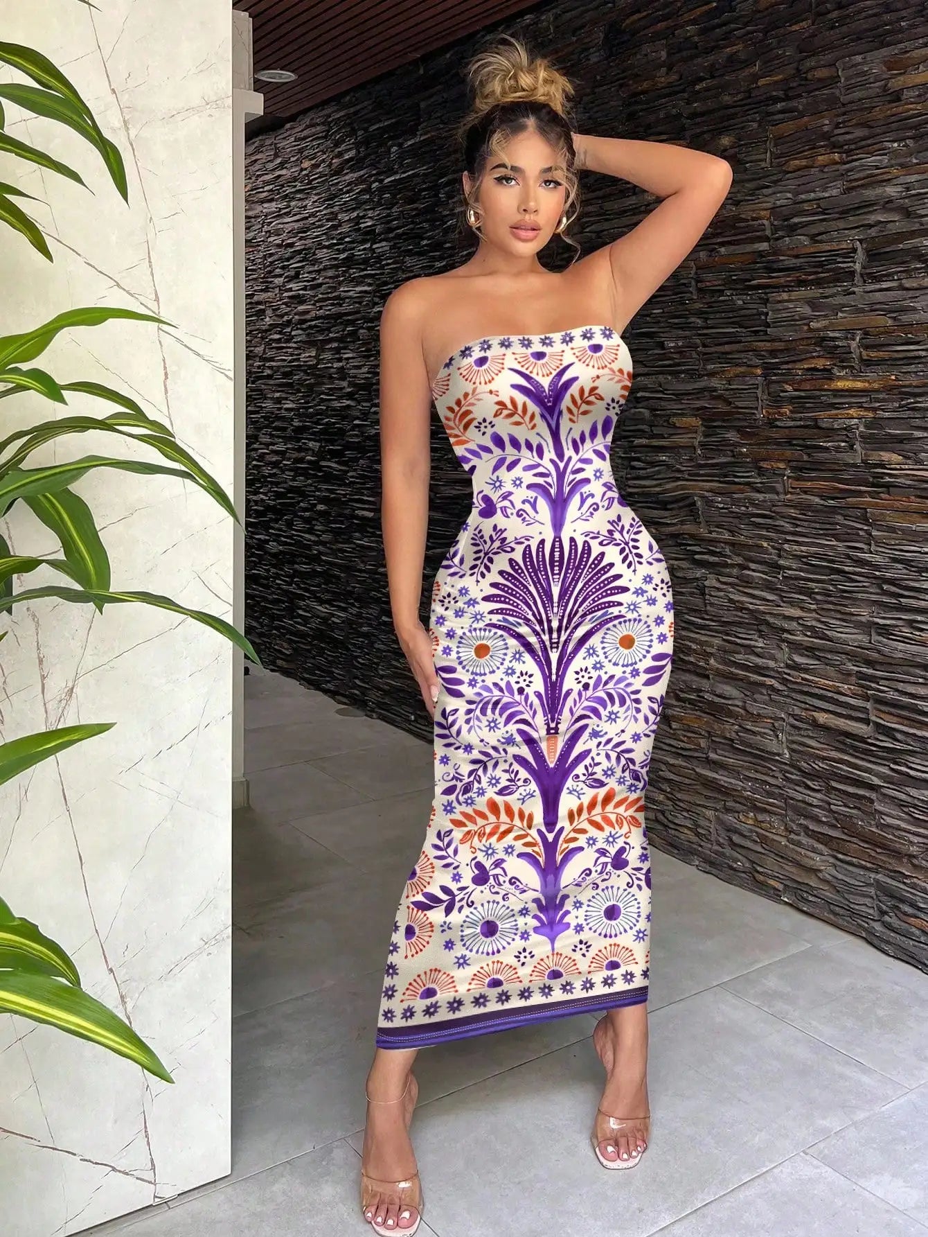 Sexy Retro Bohemian Green Tropical Print Strapless Bodycon Midi Dress For Vacation Beach Resort