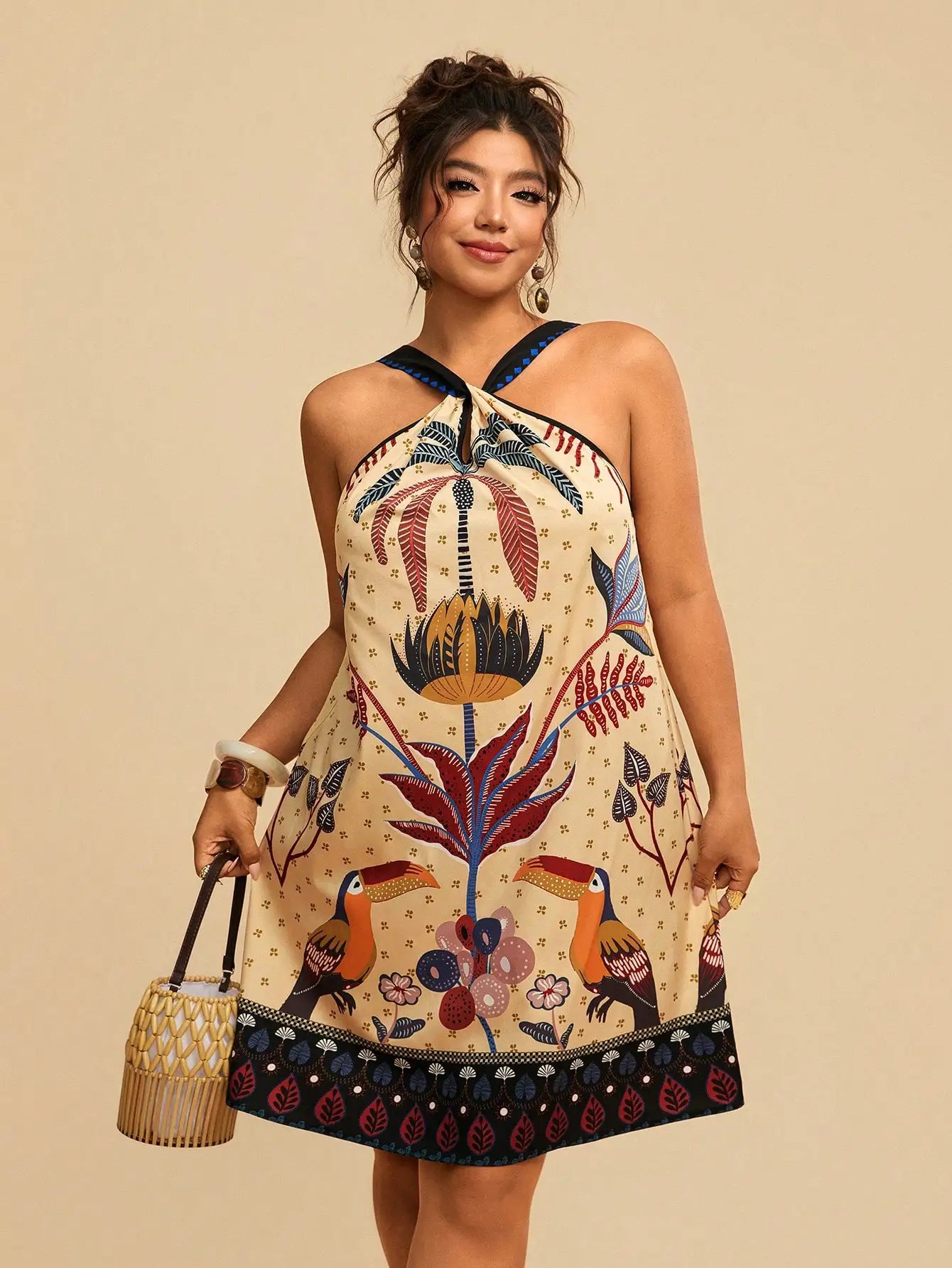 Boho Tropical Print Halter Backless Mini Dress For Summer Beach Holiday