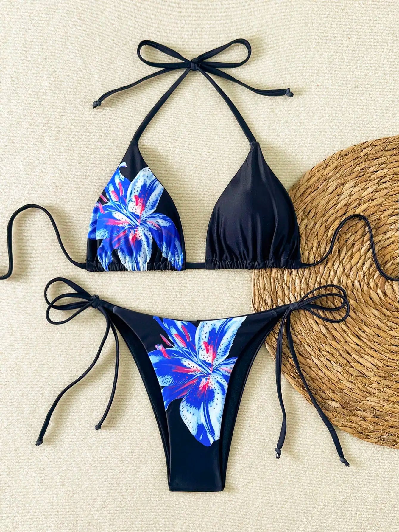 Women's Floral Print Bikini Set with Tie-Up Triangle Top & Side-Tie Bottom, Summer Beachwear