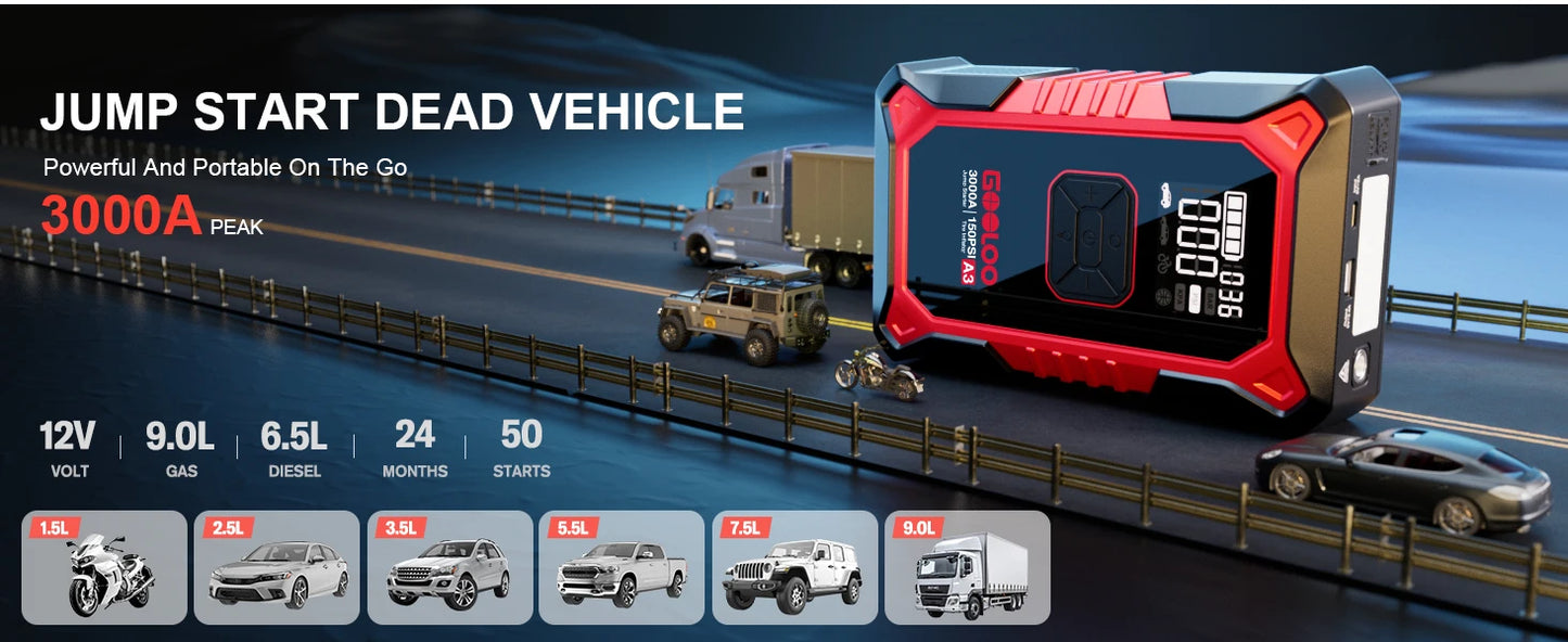 GOOLOO A3 Jump Starter with Air Compressor, 3000A Portable Car Battery Booster (9.0 Gas/6.5L Diesel) with 150PSI Auto-Shutoff Ti