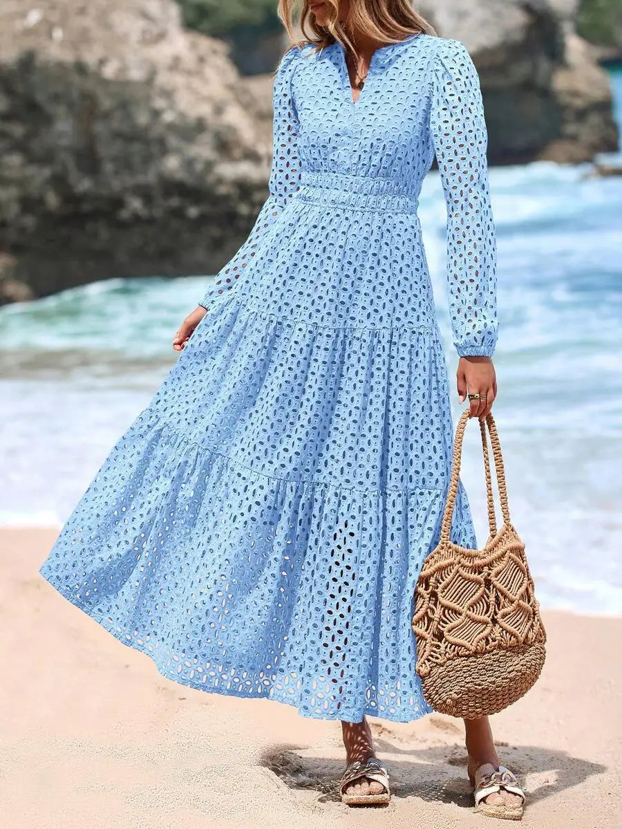 Women's Blue Eyelet Maxi Dress with V-Neck, Short Sleeves, A-Line Flowy Skirt