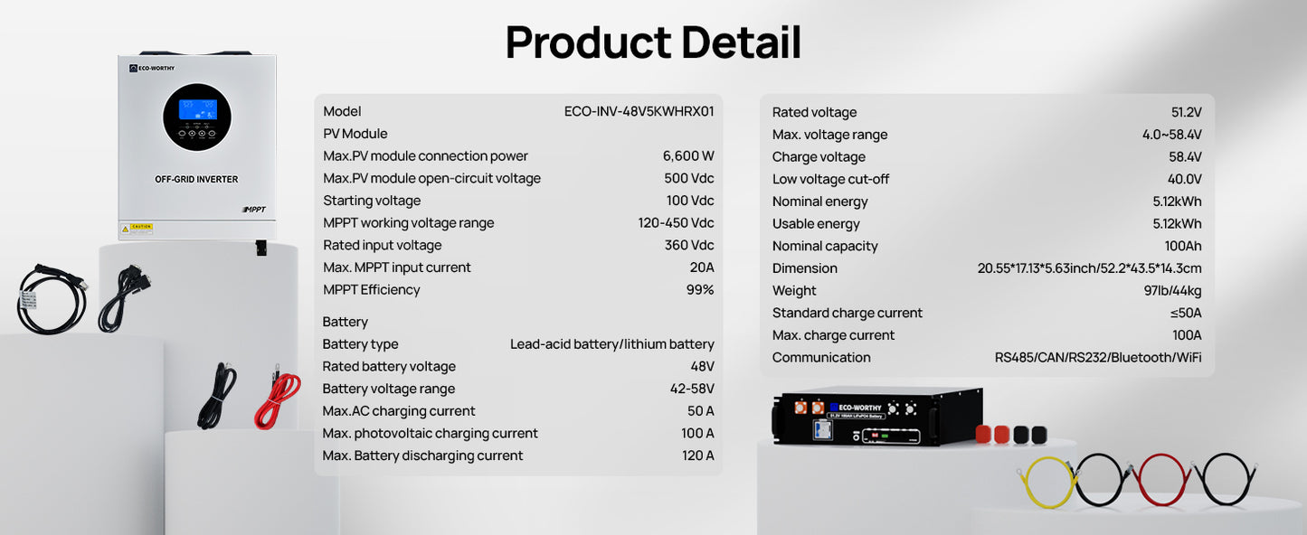 ECO-WORTHY 5.12kWh 48V 100Ah Lithium LiFePO4 Battery+5kW 48V Off-grid Inverter for Home Backup, Emergency Use