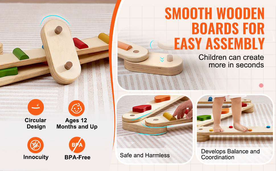 SucceBuy 6 PCS Balance Beam Stepping Stones Indoor Outdoor Wooden Toddler Balance Boards for Kids 2-6 Children Montessori Toy